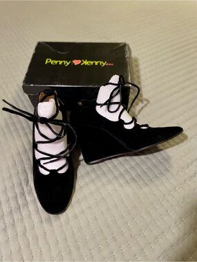 Penny Loves Kenny Black Velvet Lace-Up Wedge Ankle Heels